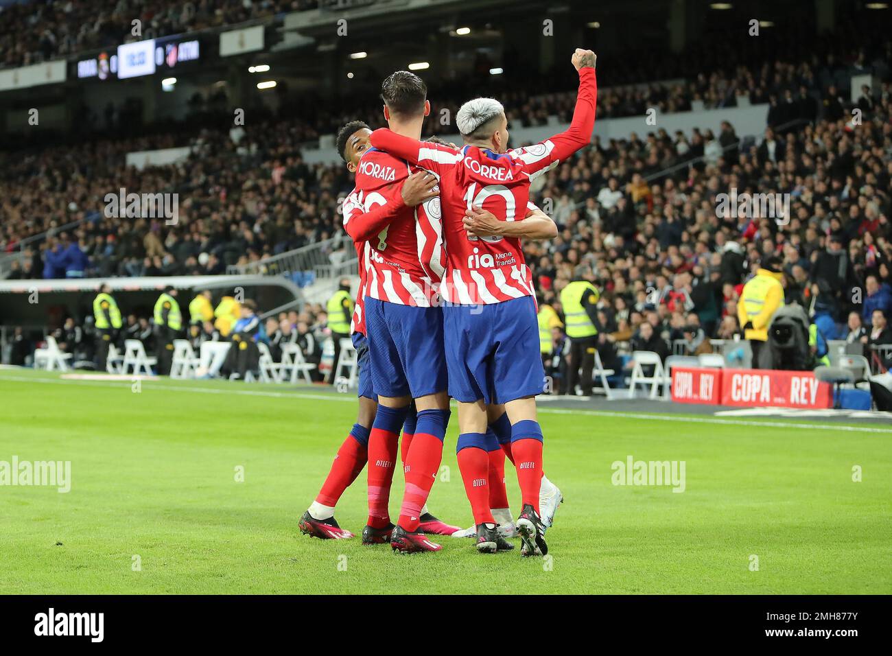 Madrid, Spain. 31st Oct, 2022. Atletico`s players celebrate during Copa del Rey Match Day 6 between Real Madrid and Atletico de Madrid at Santiago Bernabeu Stadium in Madrid, Spain, on January 27, 2023. (Photo by Edward F. Peters/Sipa USA) Credit: Sipa USA/Alamy Live News Stock Photo